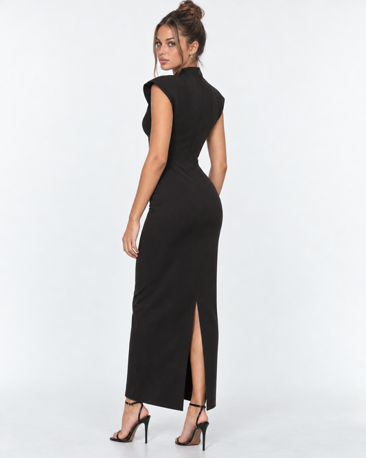 Vestido Largo con Hombros Estructurados y Escote en V
