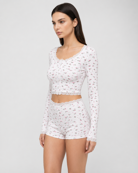 Pijama Floral con Top Corto de Manga Larga