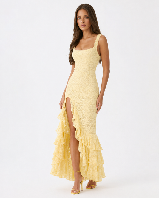 Vestido Largo de Encaje con Escote Cuadrado Aurora de Primavera