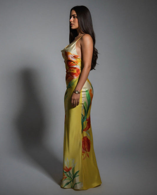 Vestido Largo Floral de Satén Tropical