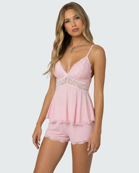 Pijama de Encaje con Lazo y Escote en V