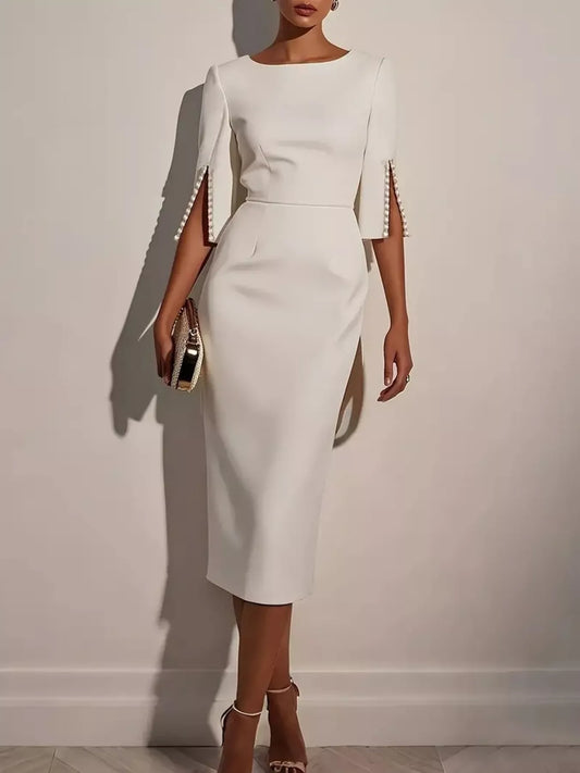 Vestido Midi Entallado con Manga Abierta y Pedrería