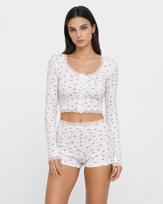 Pijama Floral con Top Corto de Manga Larga