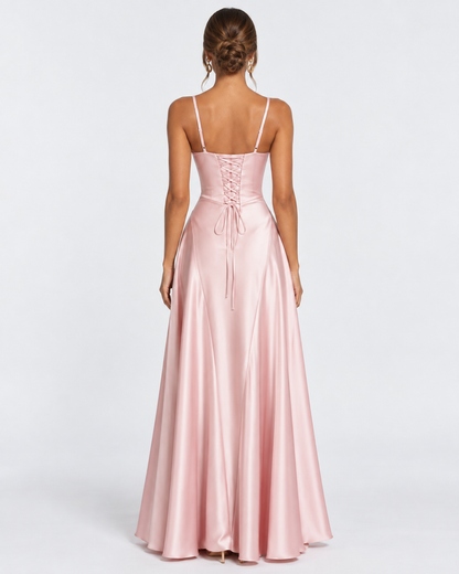 Vestido Largo de Satén con Corsé y Cordones en la Espalda