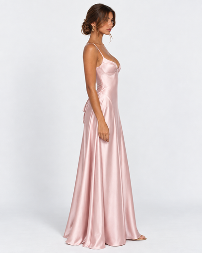 Vestido Largo de Satén con Corsé y Cordones en la Espalda