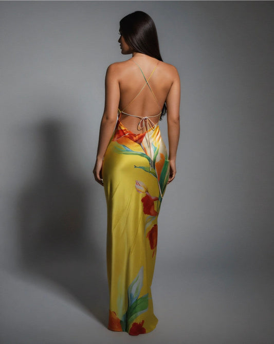 Vestido Largo Floral de Satén Tropical