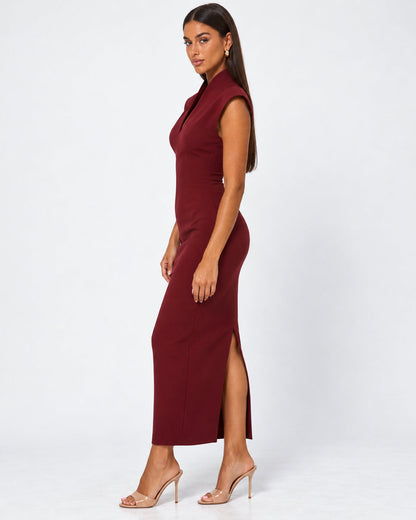 Vestido Largo con Hombros Estructurados y Escote en V