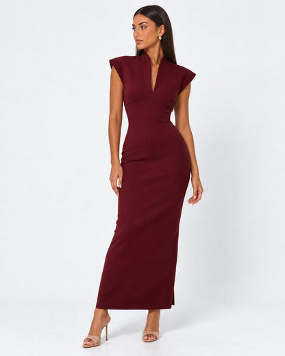Vestido Largo con Hombros Estructurados y Escote en V