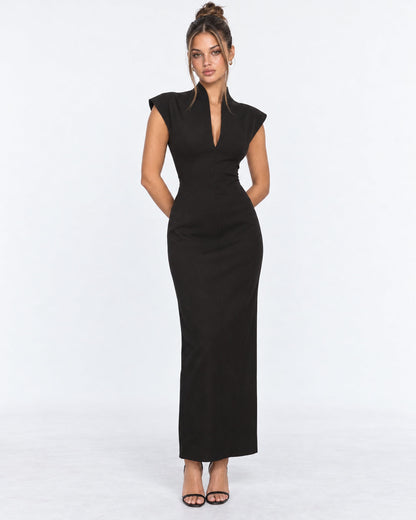 Vestido Largo con Hombros Estructurados y Escote en V