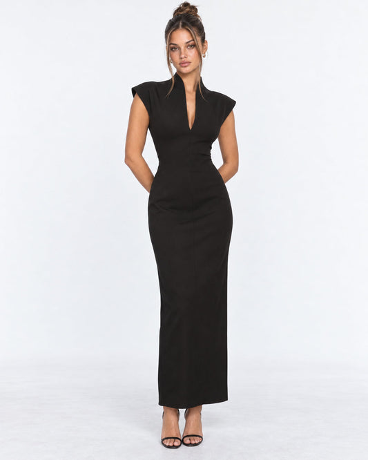 Vestido Largo con Hombros Estructurados y Escote en V