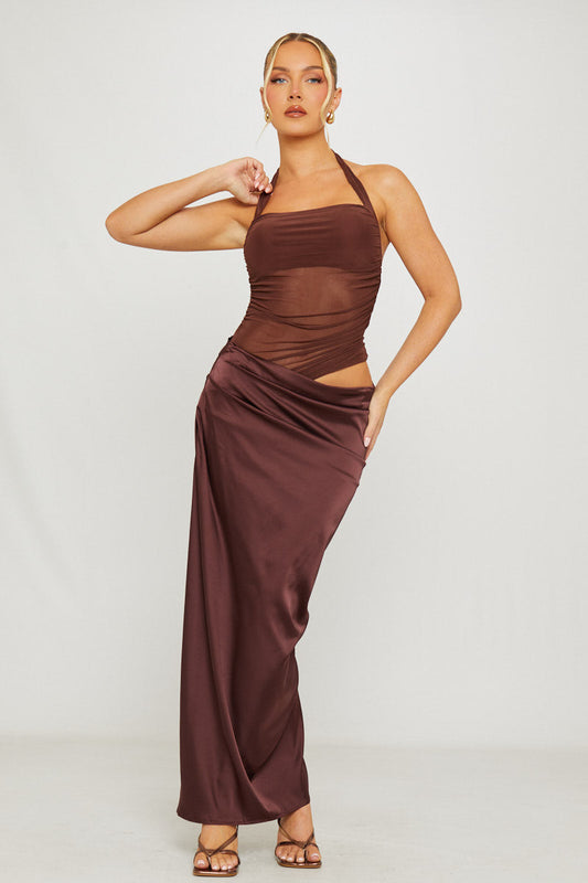 Vestido Largo de Satén Halter Violeta de Primavera
