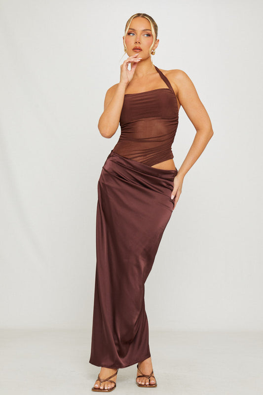 Vestido Largo de Satén Halter Violeta de Primavera