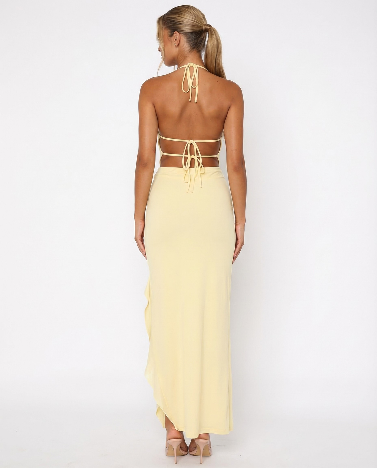 Vestido Largo de Punto con Espalda Abierta Celeste de Primavera