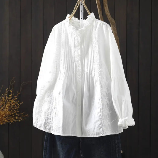 Blusa Blanca Boho de Manga Larga con Encaje Bordado