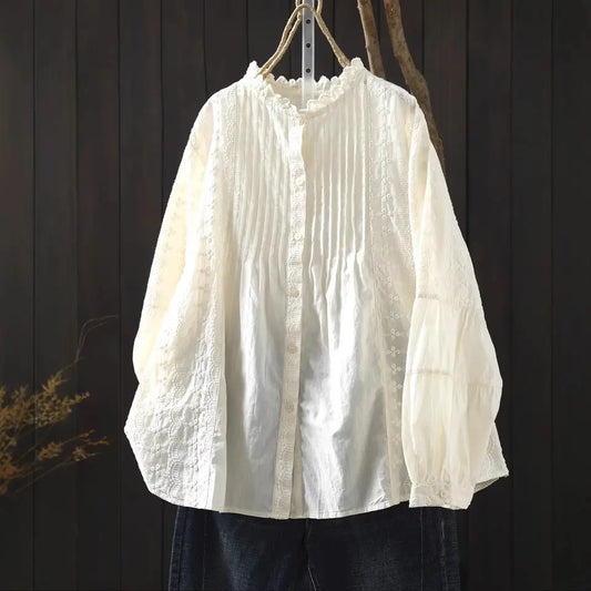 Blusa Blanca Boho de Manga Larga con Encaje Bordado
