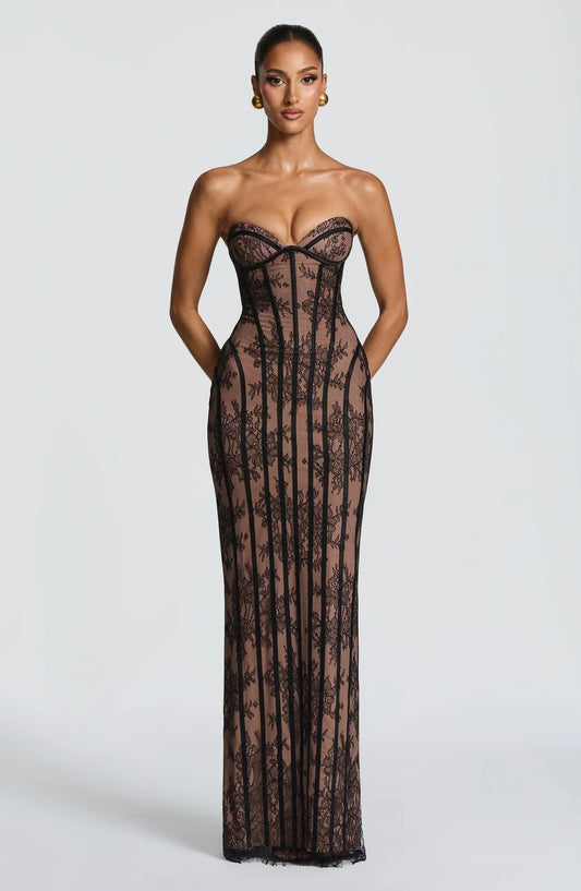 Vestido Midi de Encaje sin Tirantes Perla de la Estrella