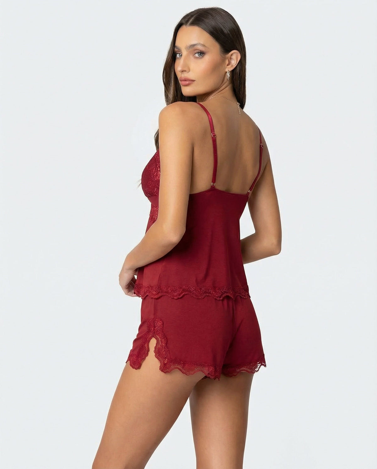 Pijama de Encaje con Lazo y Escote en V