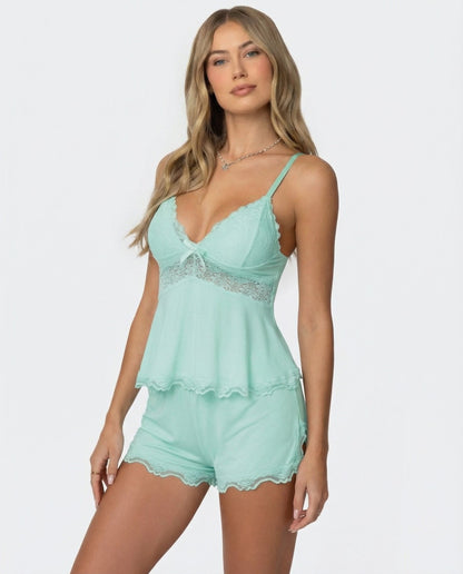 Pijama de Encaje con Lazo y Escote en V