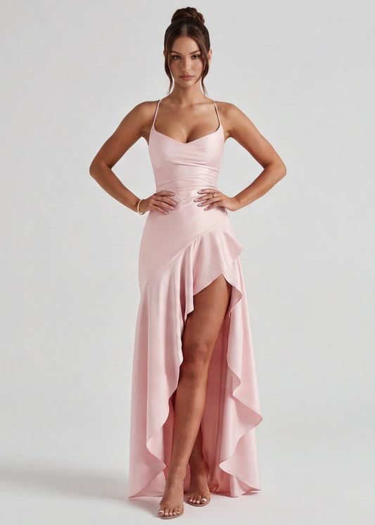 Vestido de Satén Drapeado Rosa del Valle