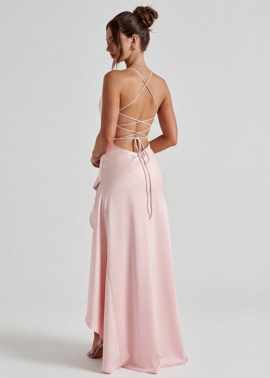 Vestido de Satén Drapeado Rosa del Valle