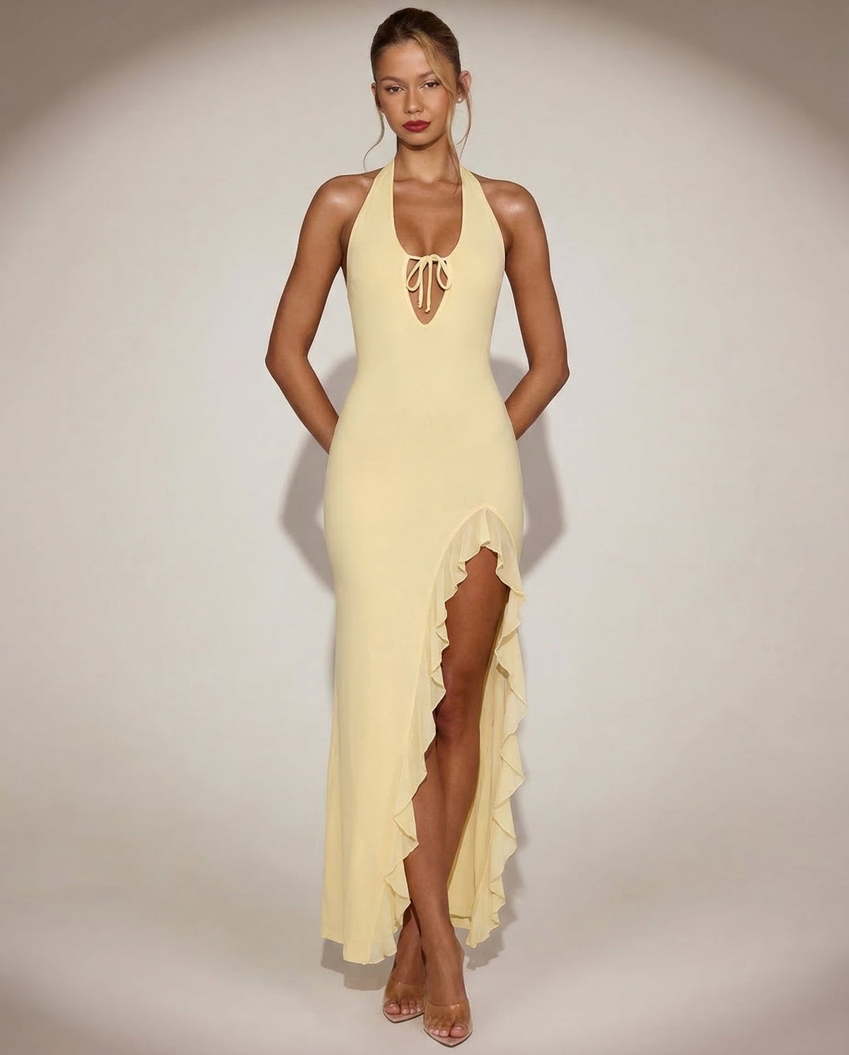 Vestido Largo de Punto con Espalda Abierta Celeste de Primavera