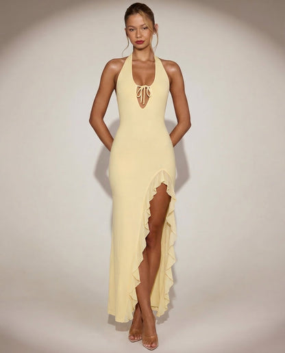 Vestido Largo de Punto con Espalda Abierta Celeste de Primavera