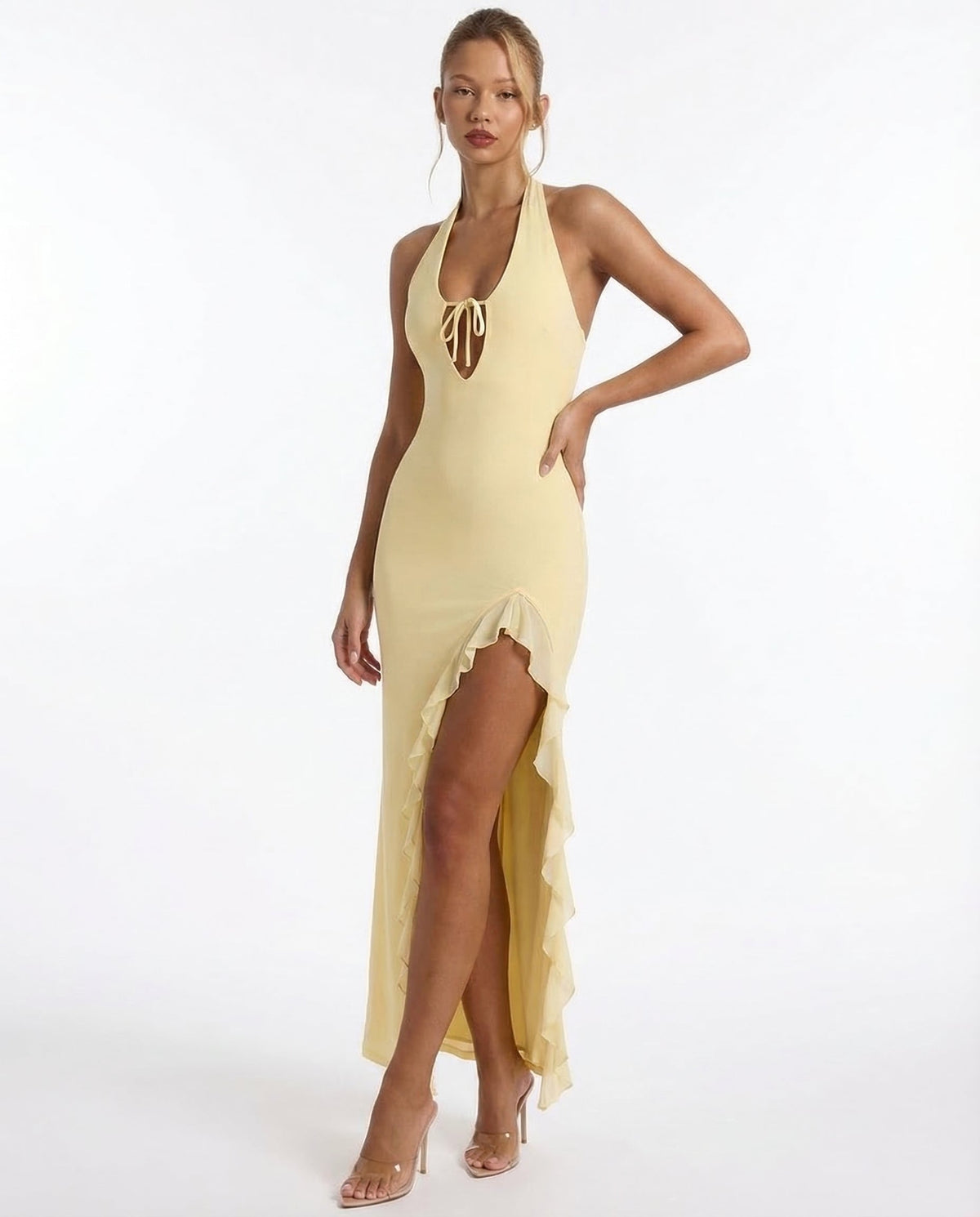 Vestido Largo de Punto con Espalda Abierta Celeste de Primavera
